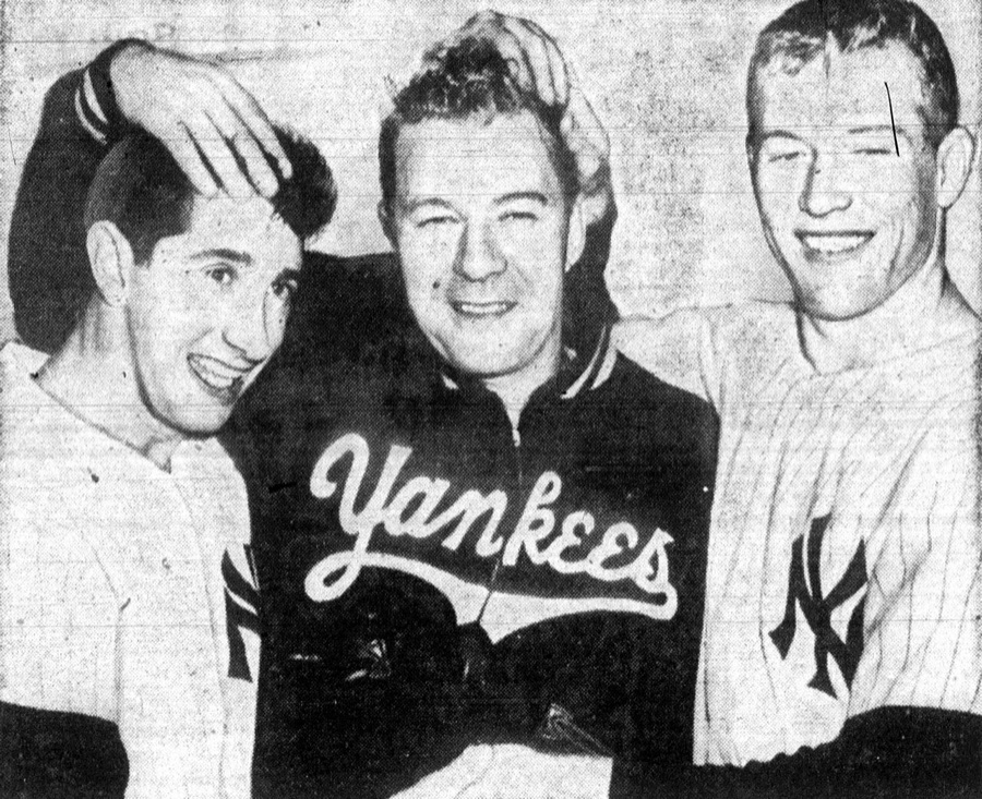 Billy Martin, Eddie Lopat and Mickey Mantle celebrating a World Series win